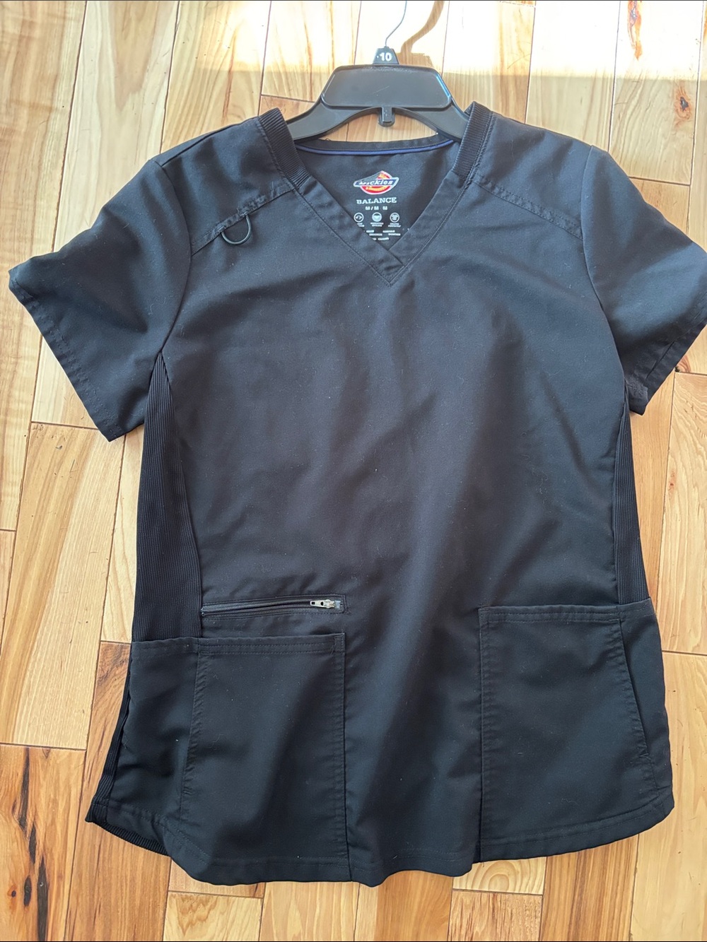 Dickies Black V-Neck Medical Scrub Top with Zip Pocket